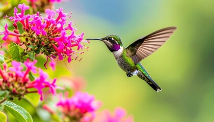 Fototapeta premium A hummingbird in flight, feeding from vibrant pink flowers