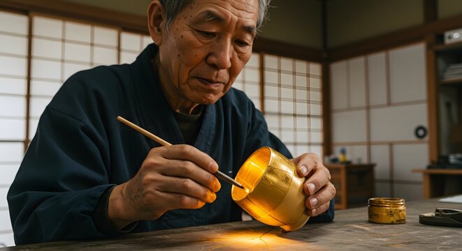 Kintsugi Master: Repairing Golden Bowl with Precision and Care in Traditional Japanese Setting