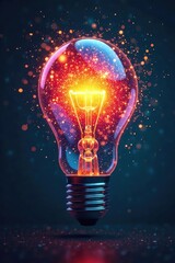 A lightbulb explodes with vibrant, interconnected ideas, symbolizing a groundbreaking, innovative concept; a flash of genius illuminating the path to success , experiment, vision