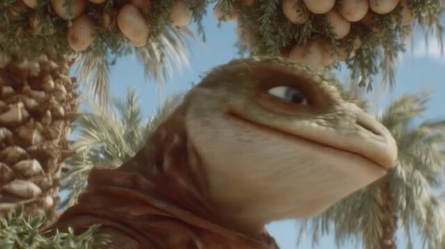 Mischievous Lizard with a Wink Tropical Animation Character Amidst Palm Trees.
