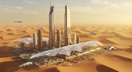 Fantastic Frontiers A Futuristic City Rises from the Desert Sands Amidst Advanced Transportation