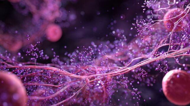 Scientific image highlighting ketone body synthesis in liver with purple gas particles dispersing through circulatory system.