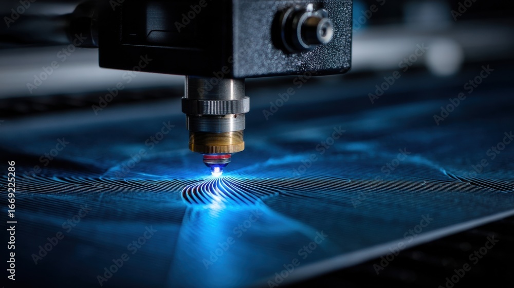 Poster closeup of a laser head positioned over a metal plate emitting a focused beam that creates a series 