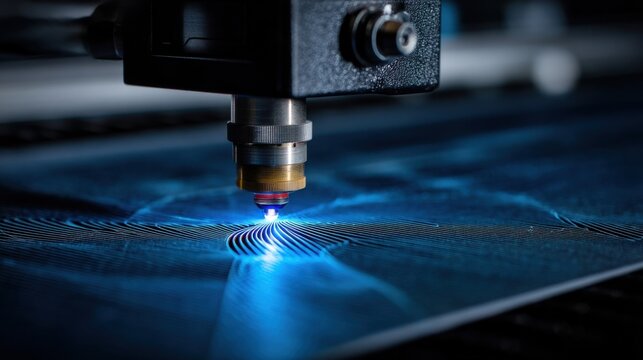Closeup of a laser head positioned over a metal plate emitting a focused beam that creates a series of intricate patterns across the surface highlighting the advanced technology used