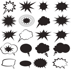 A collection of black and white speech bubbles of various sizes, arranged artistically on a light background.
