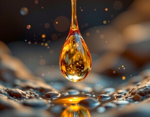 An artistic still life arrangement featuring a single droplet of golden liquid against a dark background