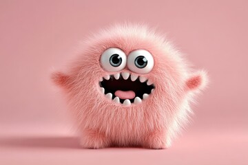 Playful Pink Furry Monster with Wide-Eyed Grin Against Soft Pink Background