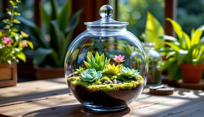 A glass terrarium with a miniature landscape of cacti, succulents, moss, and small figurines