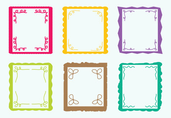 Set of decorative rectangular frames with scalloped and zigzag border. Cute wavy, groovy, colorful vector frames and borders for kids, Rectangle shapes with curvy squiggly doodle lines. 