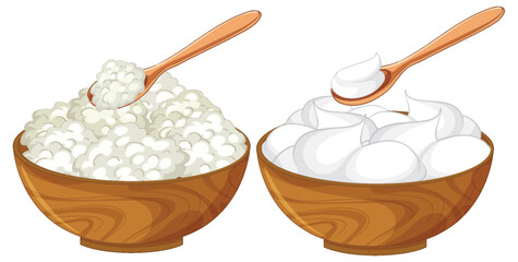 Cottage Cheese and Yogurt in Wooden Bowls with Spoons