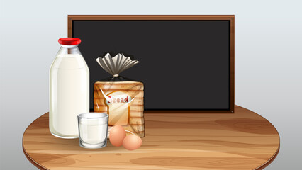 Breakfast Essentials on Wooden Table with Blackboard