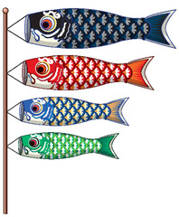 Colorful Japanese Koinobori Carp Streamers on Vertical Pole