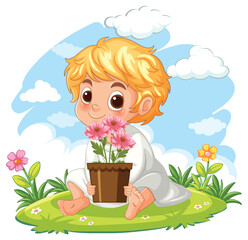 Blonde Child Sitting on Grass Holding Flower Pot