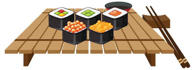 Assorted Sushi Rolls on Wooden Serving Tray