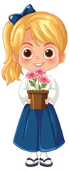 Smiling Girl Holding Flower Pot in Blue Skirt