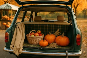 Fototapete Fahrzeug Fruits and pumpkins stored in vehicles  © p_orange
