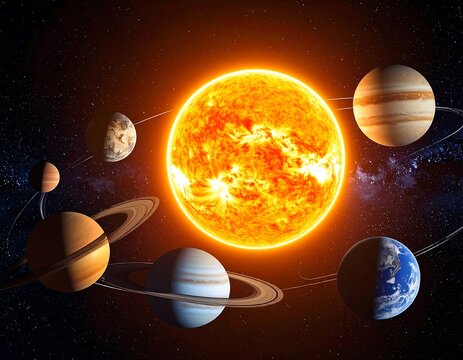 A vibrant depiction of the Sun and planets in our solar system, orbiting in a dark space background