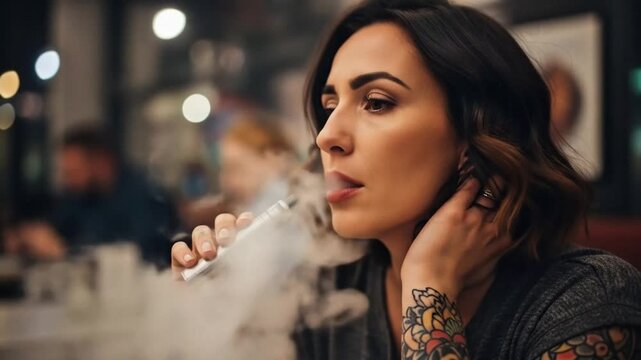 a stylish woman vaping an e cigarette indoors, creating a cloud of smoke. Tattoos are visible on her arm.