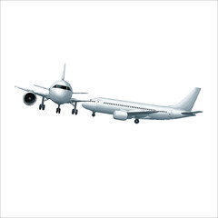 Two Commercial Airplanes on White Background Depicting Aviation Industry Transportation and Flight Technology Ready for Takeoff or Landing with Engine Details