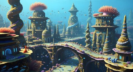 Obraz premium Discovering Fantastic Frontiers in an underwater utopian city, a stunning vision of a submerged coral metropolis and aquatic civilization