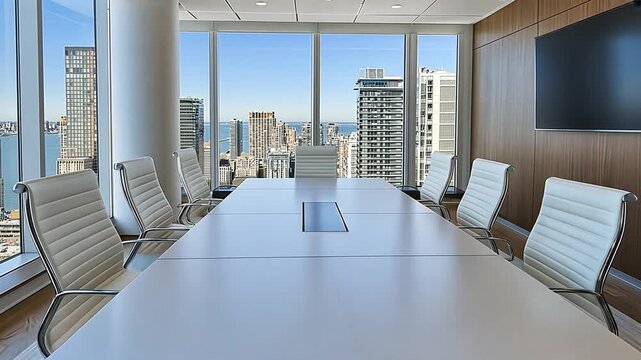 modern office conference room long white table with elegant white chairs chrome frames panoramic windows for city skyline view business meetings corporate presentations luxury office interior concept