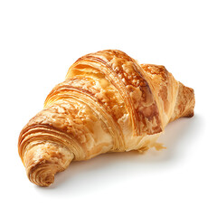 Golden, flaky croissant with a glossy finish, isolated on a white background