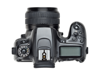 Top View of a Black Digital SLR Camera Against a Transparent Background, PNG