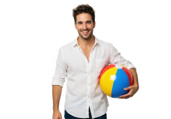 Man with beach ball wearing shirt isolated on transparent background