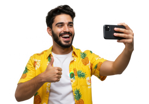 Man in pineapple shirt taking selfie, smiling, isolated on transparent background