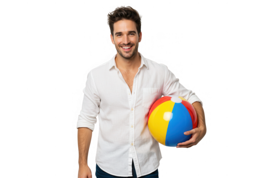 Man with beach ball wearing shirt isolated on transparent background