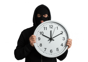 Person in balaclava holding clock isolated on transparent background
