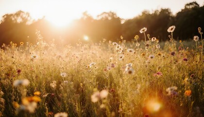 夕焼けに照らされる野の花の風景