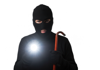 Person in mask holding tool and light isolated on transparent background