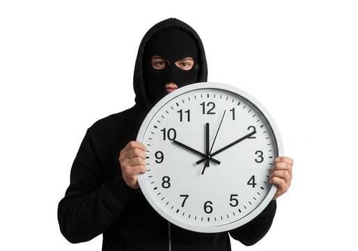 Person in balaclava holding clock isolated on transparent background