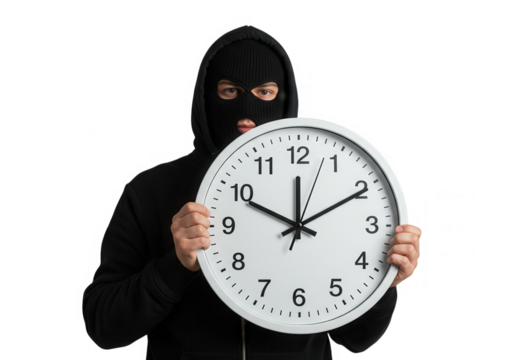 Person in balaclava holding clock isolated on transparent background