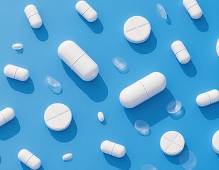 医薬品の白い錠剤とカプセルの3Dイラスト。錠剤の背景