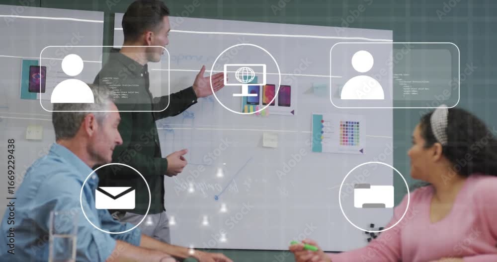 Aufkleber presenter gesturing at board and causing animated phone, binary, network icons during product-demo