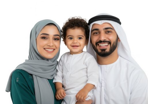 Happy arab family smiling together isolated on transparent background