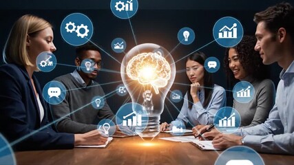 Diverse team collaborates around a glowing lightbulb symbolizing innovation and brainstorming ideas with digital icons - Powered by Adobe