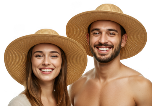 Couple wearing straw hats smiling isolated on transparent background