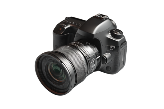 Black Digital Single Lens Reflex Camera With Lens on Transparent Background, PNG