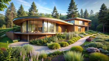 Obraz premium Modern Eco-Friendly House with Lush Greenery and Curving Design, Integrated into a Wooded Landscape