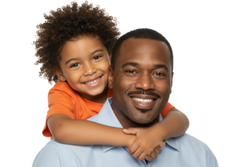 Smiling father and son hugging happily isolated on transparent background