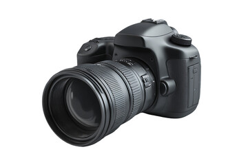 Fototapeta premium Black DSLR Camera with Telephoto Lens on Transparent Background, PNG