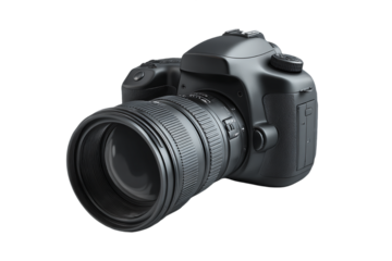 Black DSLR Camera with Telephoto Lens on Transparent Background, PNG