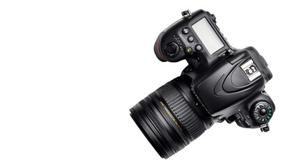 Black DSLR Camera with Zoom Lens and Transparent Background, PNG