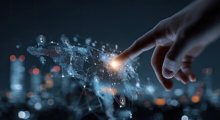 A hand hovers over a digital world map, overlaid with data connections and city lights.  Intricate network of global connections.  Abstract, futuristic,  technology concept.  Interactive touch