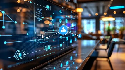 digital screen intricate blue network of interconnected user profiles data graphs technology icons with blurred office background for user analytics data management digital systems business concept - Powered by Adobe