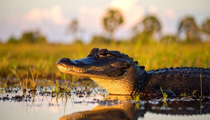 Obraz premium Alligator at Sunset in Marsh Habitat