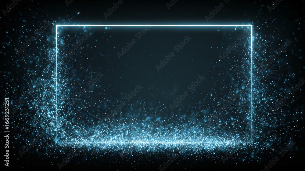 Poster a glowing light-blue rectangle frame is surrounded by glittering particles, creating a vibrant and d